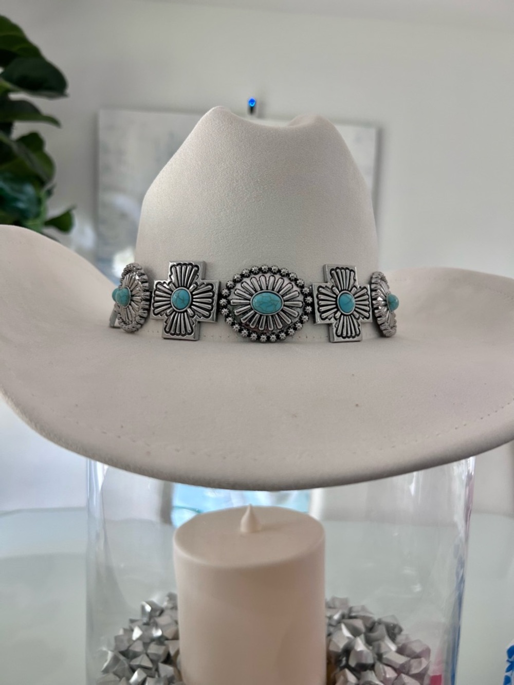 White Western Hat with Turquoise Concho Band